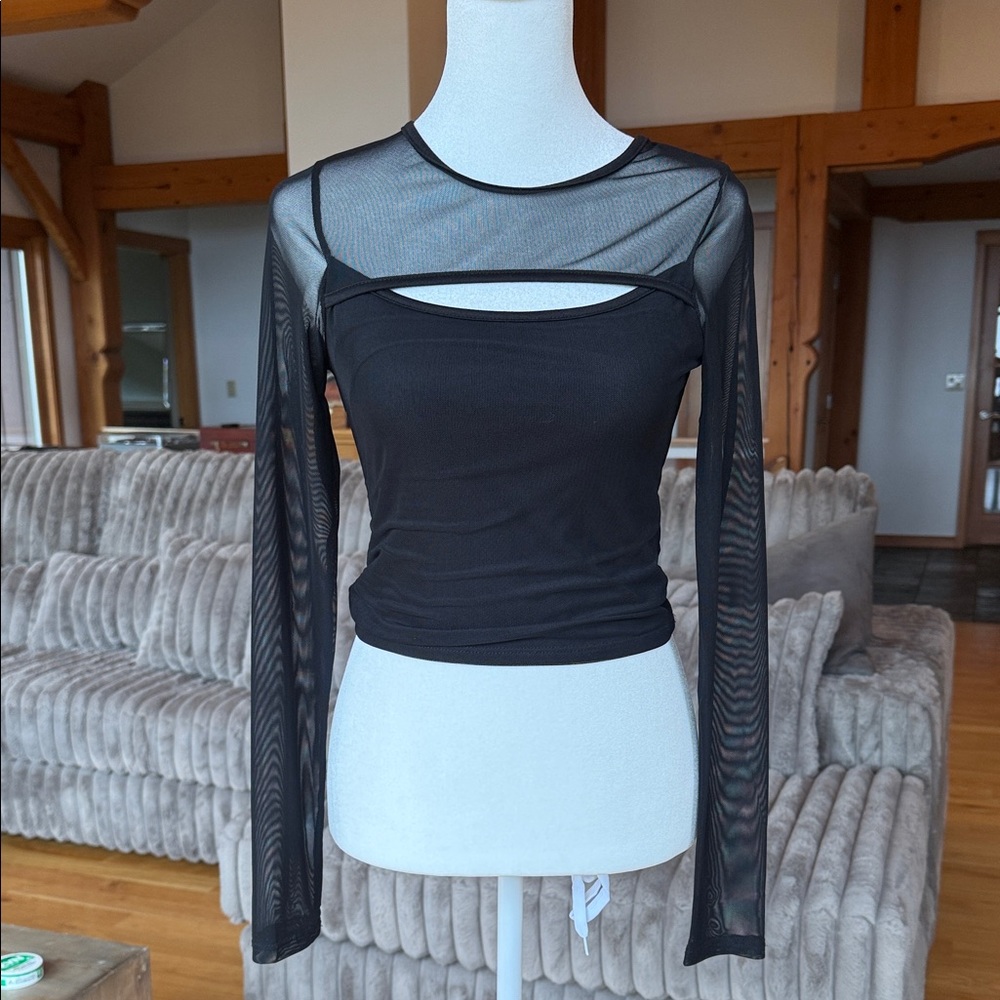 Black Mesh Long Sleeve Top